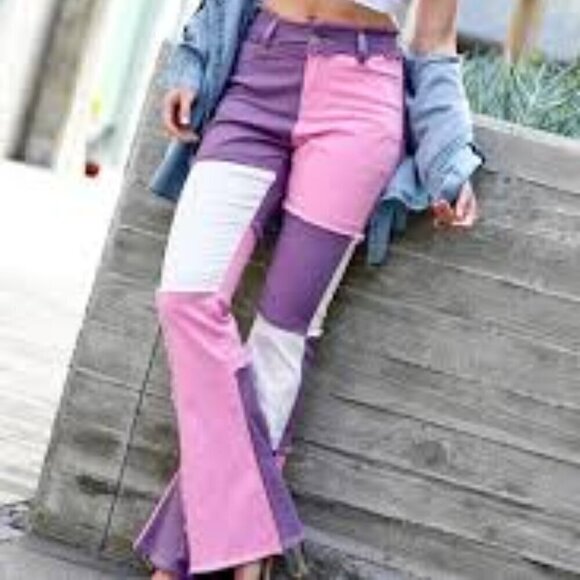 PAODIKUAI Women Patchwork Jeans Raw Hem Denim Pants Slim Bootcut Jean - Picture 1 of 11